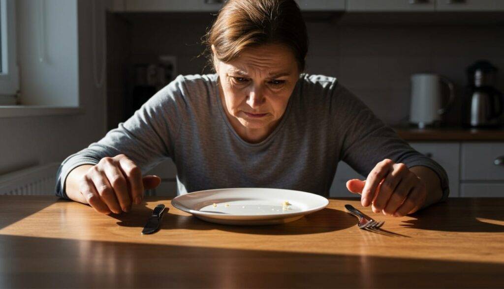 pessoa-olhando-para-prato-vazio-com-express&atilde;o-ambivalente-transtorno-alimentar